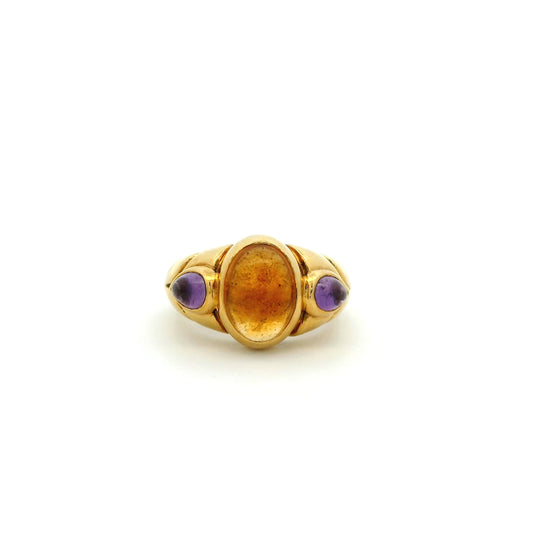 Bulgari Cabochon Oval Citrine And Cabochon Pear Amethyst Three Stone Ring