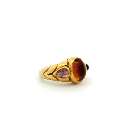 Bulgari Cabochon Oval Citrine And Cabochon Pear Amethyst Three Stone Ring