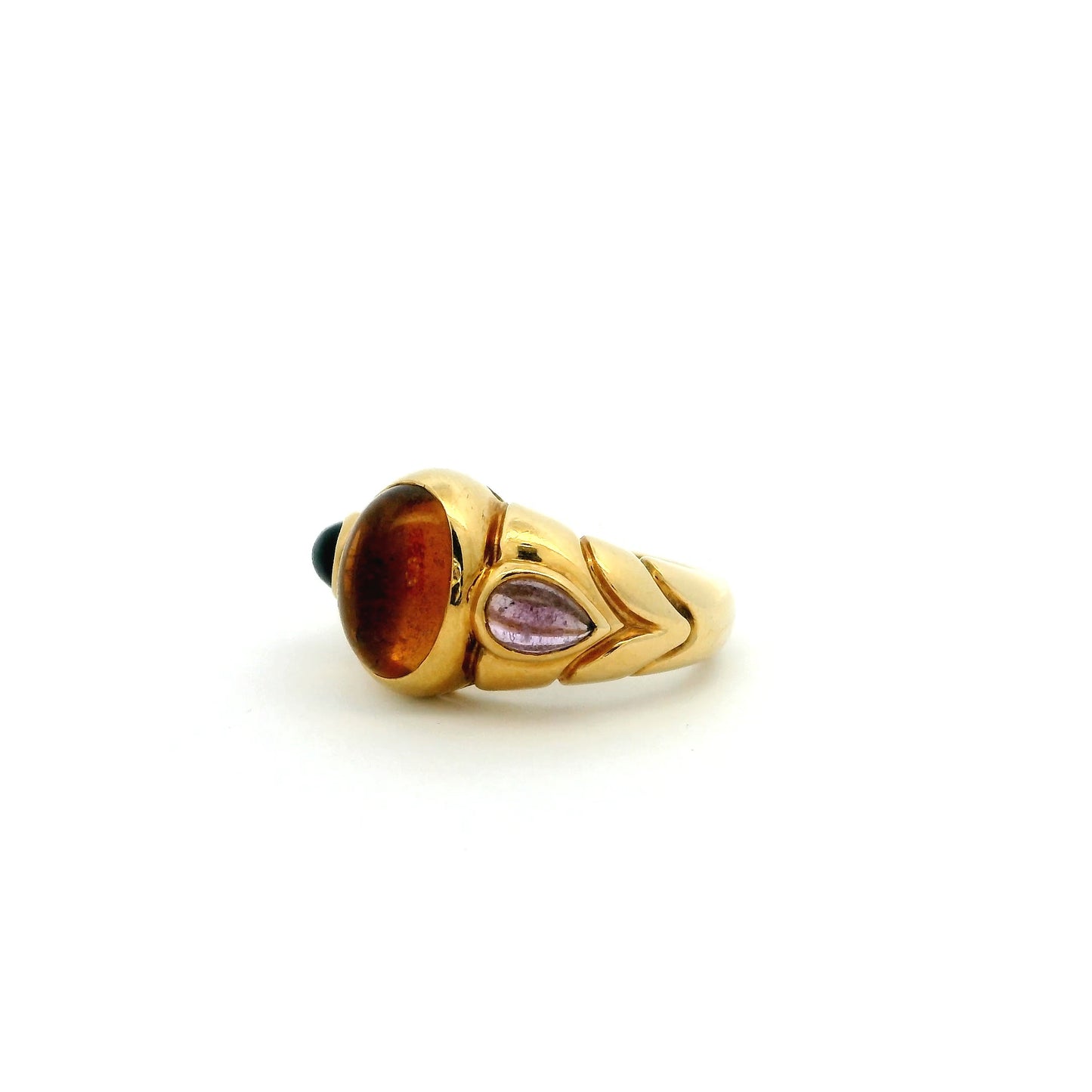 Bulgari Cabochon Oval Citrine And Cabochon Pear Amethyst Three Stone Ring