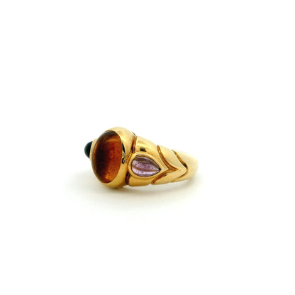 Bulgari Cabochon Oval Citrine And Cabochon Pear Amethyst Three Stone Ring