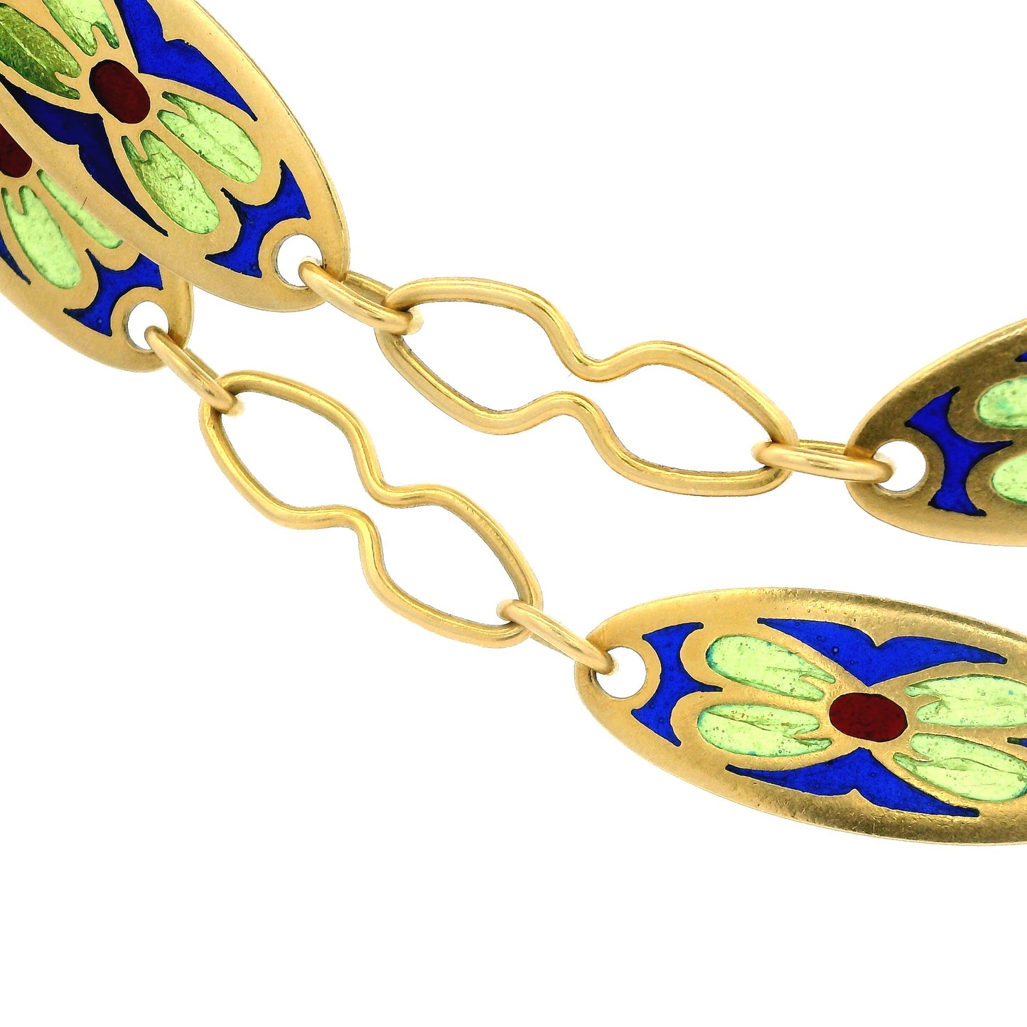 Yellow Gold Enameled Floral Motif Link Necklace