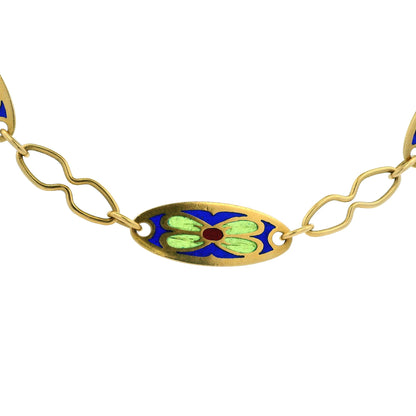 Yellow Gold Enameled Floral Motif Link Necklace