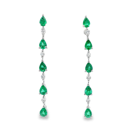 1.16ct Pear Cut Emerald And Round Diamond Line Drop Earrings