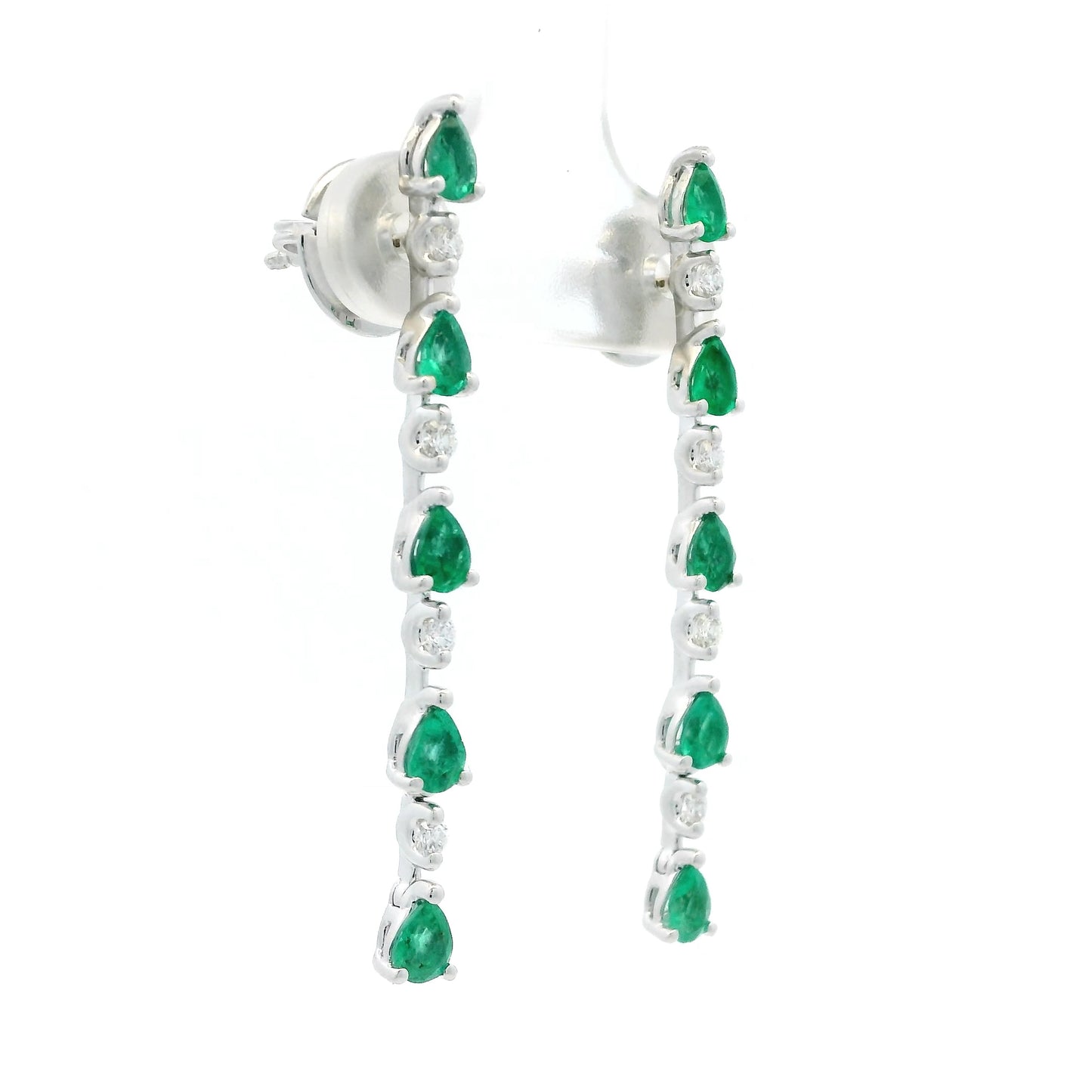 1.16ct Pear Cut Emerald And Round Diamond Line Drop Earrings