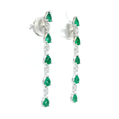 1.16ct Pear Cut Emerald And Round Diamond Line Drop Earrings