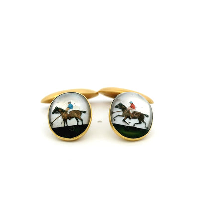 18ct Yellow Gold Essex Crystal Polo Player And Horse Cufflinks