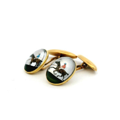 18ct Yellow Gold Essex Crystal Polo Player And Horse Cufflinks
