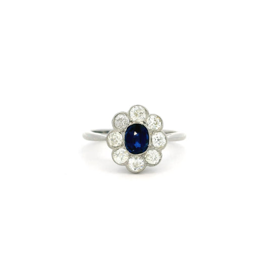 0.65ct Cushion Sapphire And Old Cut Diamond Cluster Ring