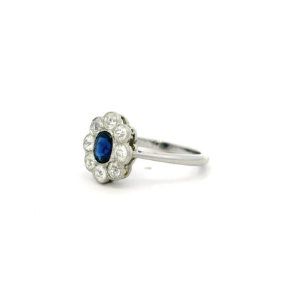 0.65ct Cushion Sapphire And Old Cut Diamond Cluster Ring