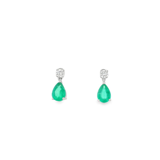 1.08ct Pear Cut Emerald And Round Diamond Drop Earrings