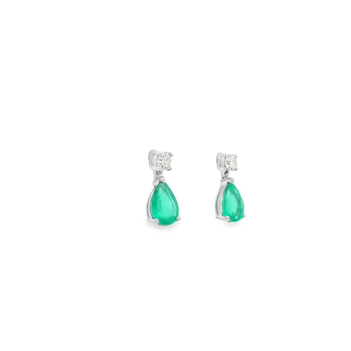 1.08ct Pear Cut Emerald And Round Diamond Drop Earrings