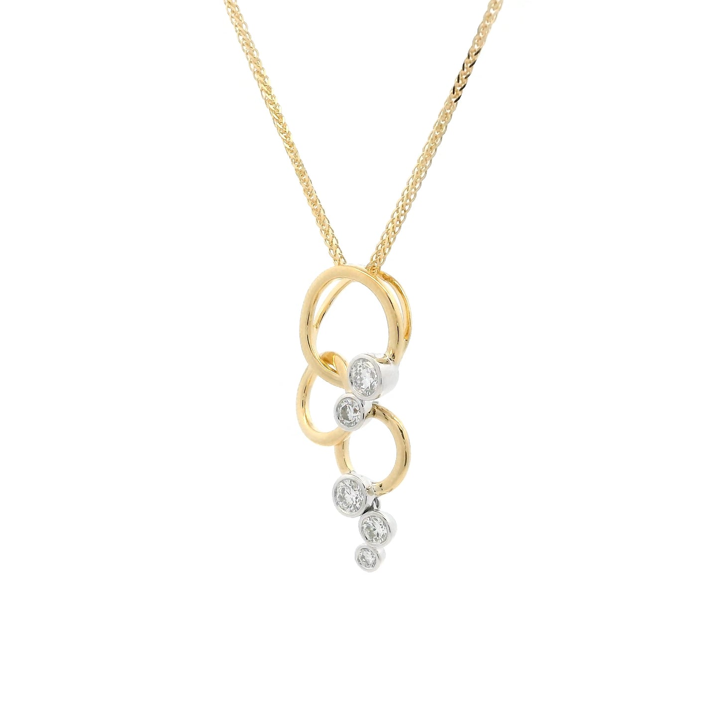 Round Diamond Bubbles And Yellow Gold Rings Drop Pendant