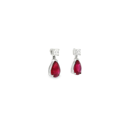 1.61ct Pear Ruby And Round Diamond Drop Earrings