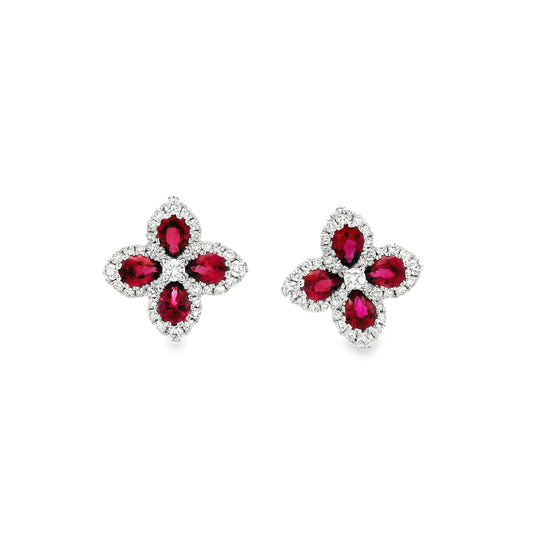 1.38ct Pear Ruby And Round Diamond Quatrefoil Cluster Earrings