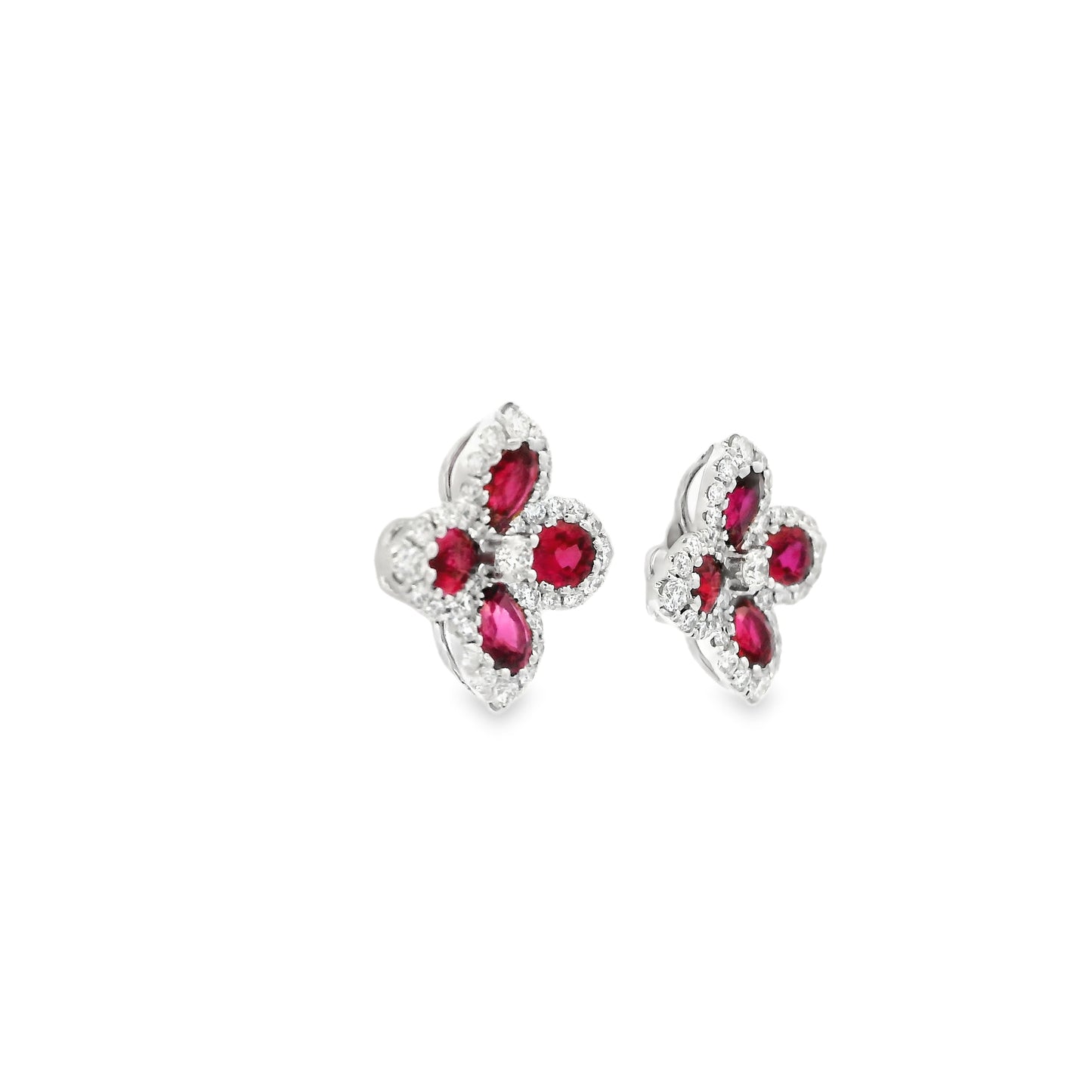1.38ct Pear Ruby And Round Diamond Quatrefoil Cluster Earrings