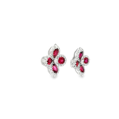 1.38ct Pear Ruby And Round Diamond Quatrefoil Cluster Earrings