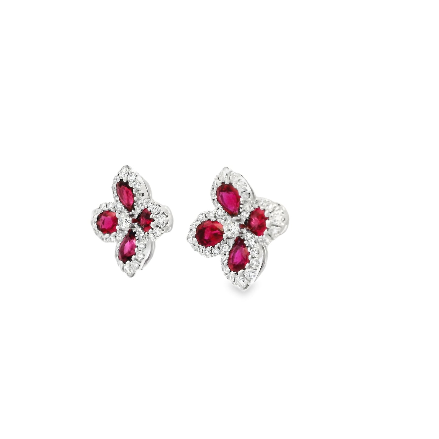 1.38ct Pear Ruby And Round Diamond Quatrefoil Cluster Earrings