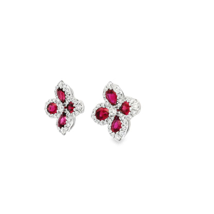 1.38ct Pear Ruby And Round Diamond Quatrefoil Cluster Earrings