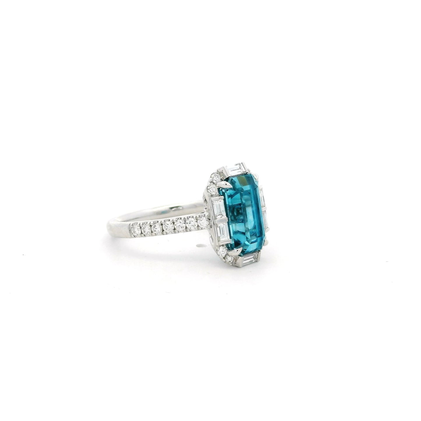 4.48ct Emerald Cut Blue Zircon And Diamond Cluster Ring
