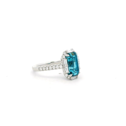 4.48ct Emerald Cut Blue Zircon And Diamond Cluster Ring