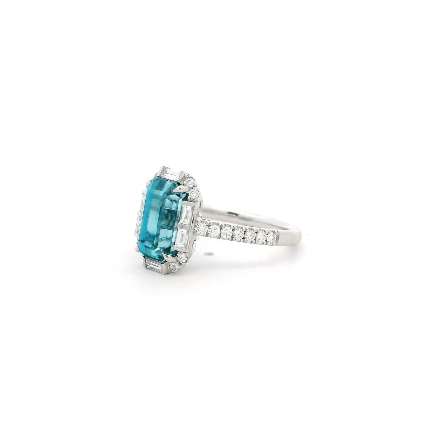 4.48ct Emerald Cut Blue Zircon And Diamond Cluster Ring