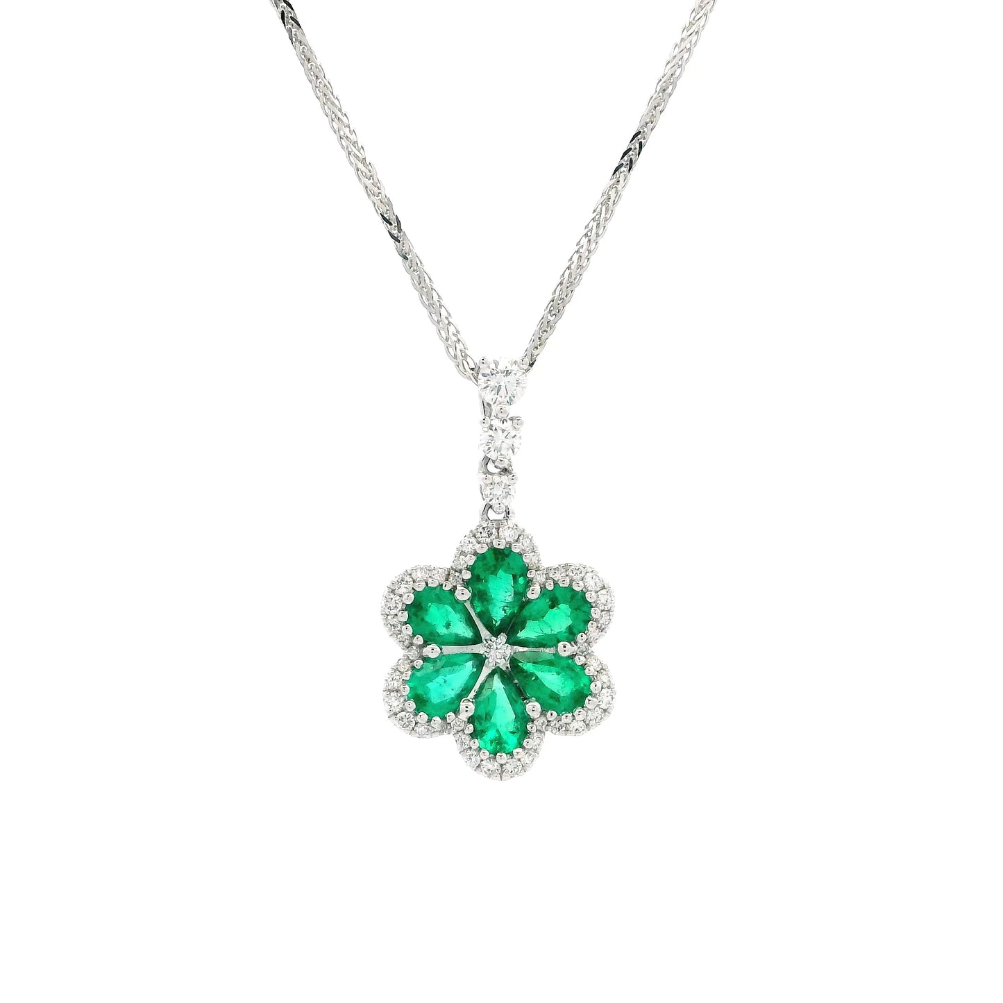 Pear Cut Emerald And Round Diamond Cluster Flower Pendant