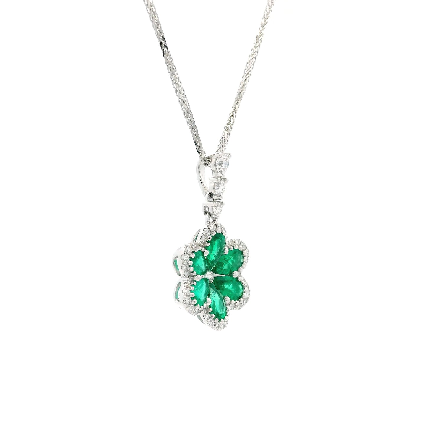 Pear Cut Emerald And Round Diamond Cluster Flower Pendant