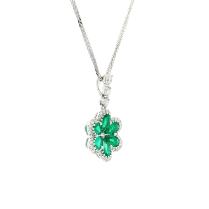 Pear Cut Emerald And Round Diamond Cluster Flower Pendant