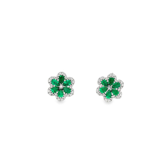 0.51ct Pear Cut Emerald And Round Diamond Cluster Flower Earrings