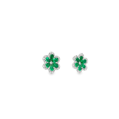 0.51ct Pear Cut Emerald And Round Diamond Cluster Flower Earrings