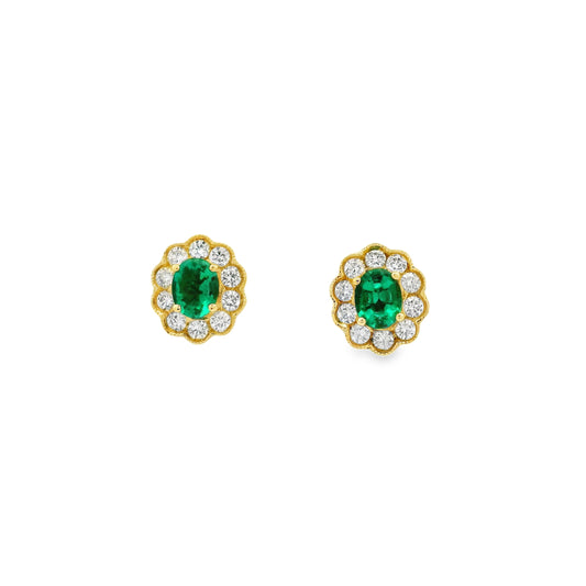 0.66ct Oval Emerald and Diamond Cluster Earrings