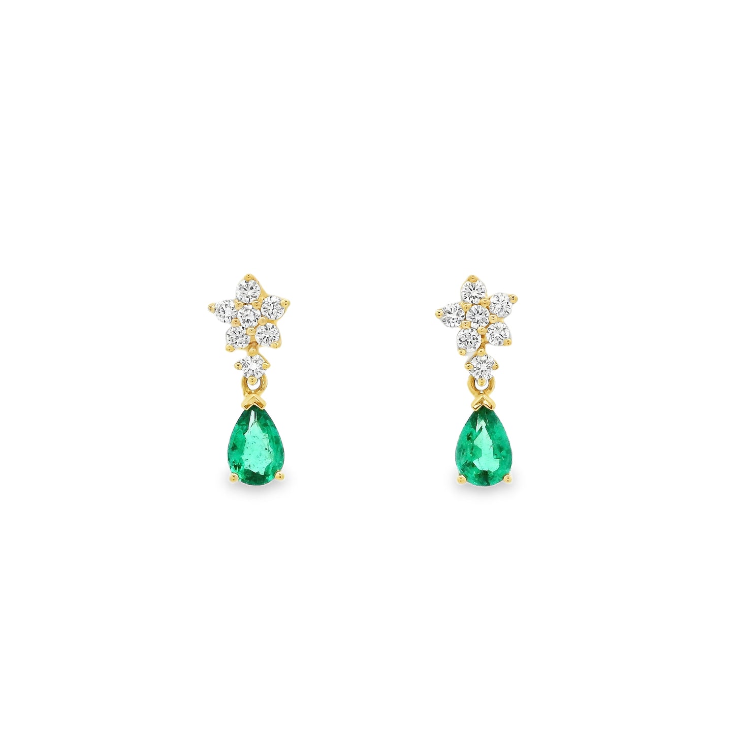 0.63ct Pear Cut Emerald And Diamond Flower Drop Earrings