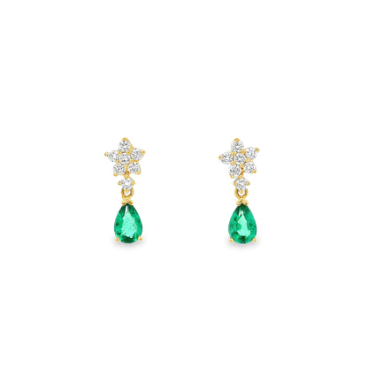 0.63ct Pear Cut Emerald And Diamond Flower Drop Earrings