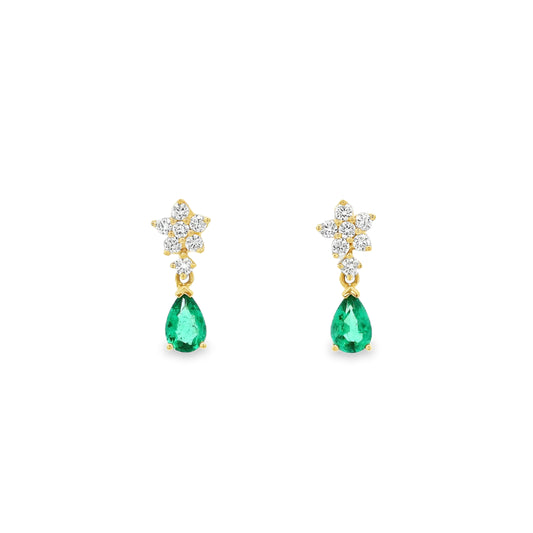 0.63ct Pear Cut Emerald And Diamond Flower Drop Earrings