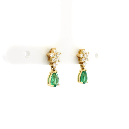 0.63ct Pear Cut Emerald And Diamond Flower Drop Earrings