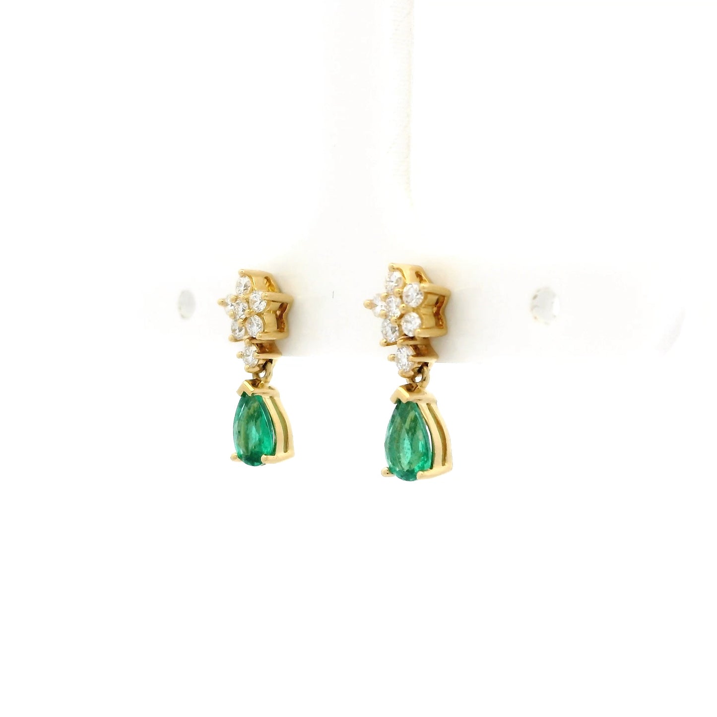 0.63ct Pear Cut Emerald And Diamond Flower Drop Earrings