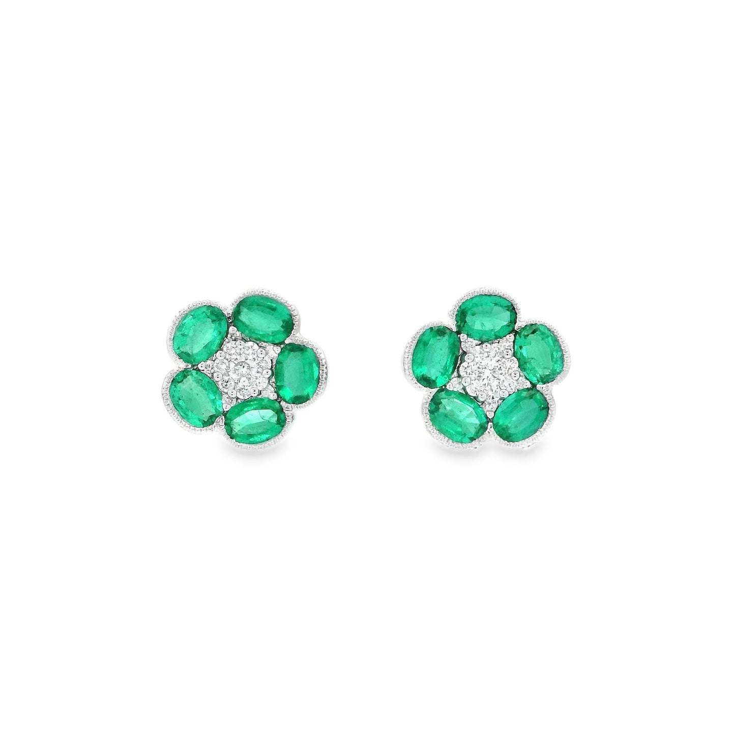 1.19ct Oval Emerald And Round Diamond Flower Cluster Earrings