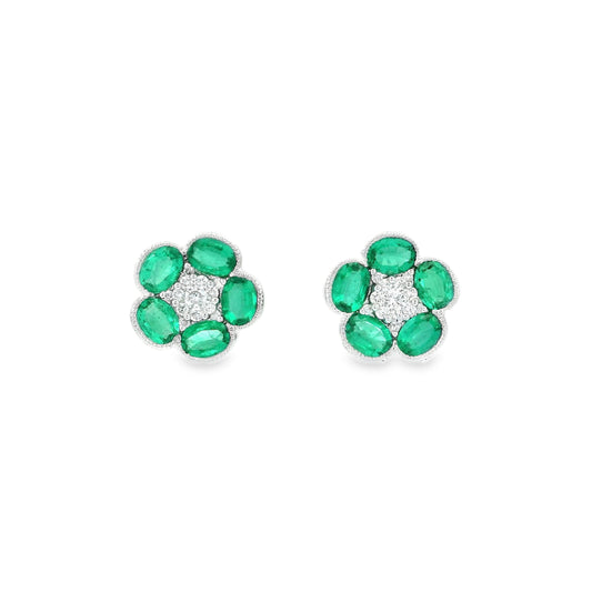 1.19ct Oval Emerald And Round Diamond Flower Cluster Earrings