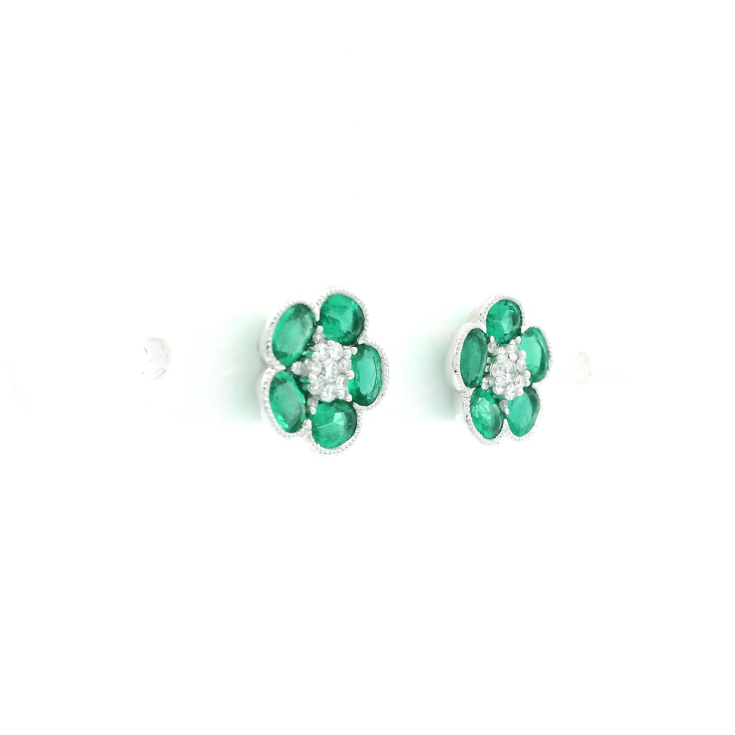 1.19ct Oval Emerald And Round Diamond Flower Cluster Earrings