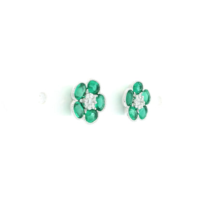 1.19ct Oval Emerald And Round Diamond Flower Cluster Earrings