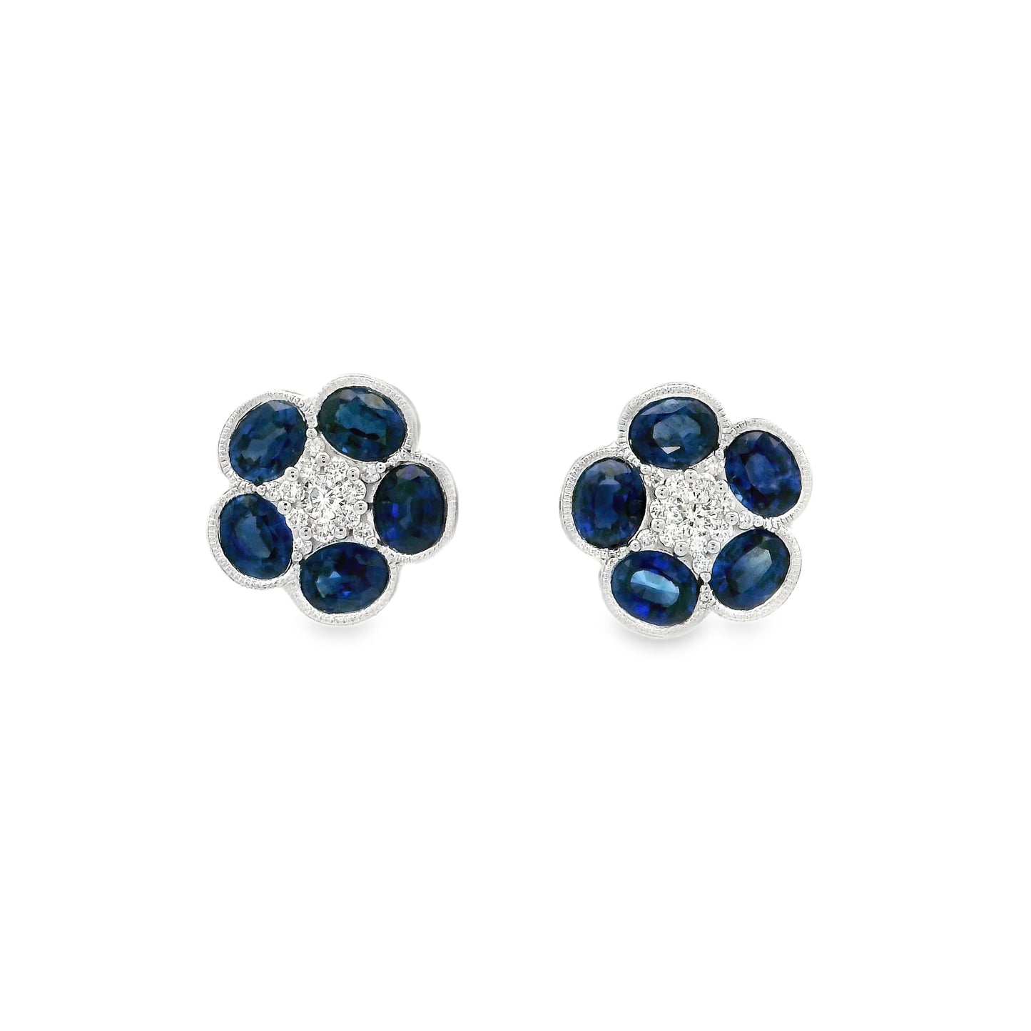 Oval Sapphire And Round Diamond Flower Cluster Stud Earrings