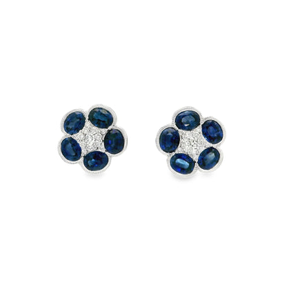 Oval Sapphire And Round Diamond Flower Cluster Stud Earrings