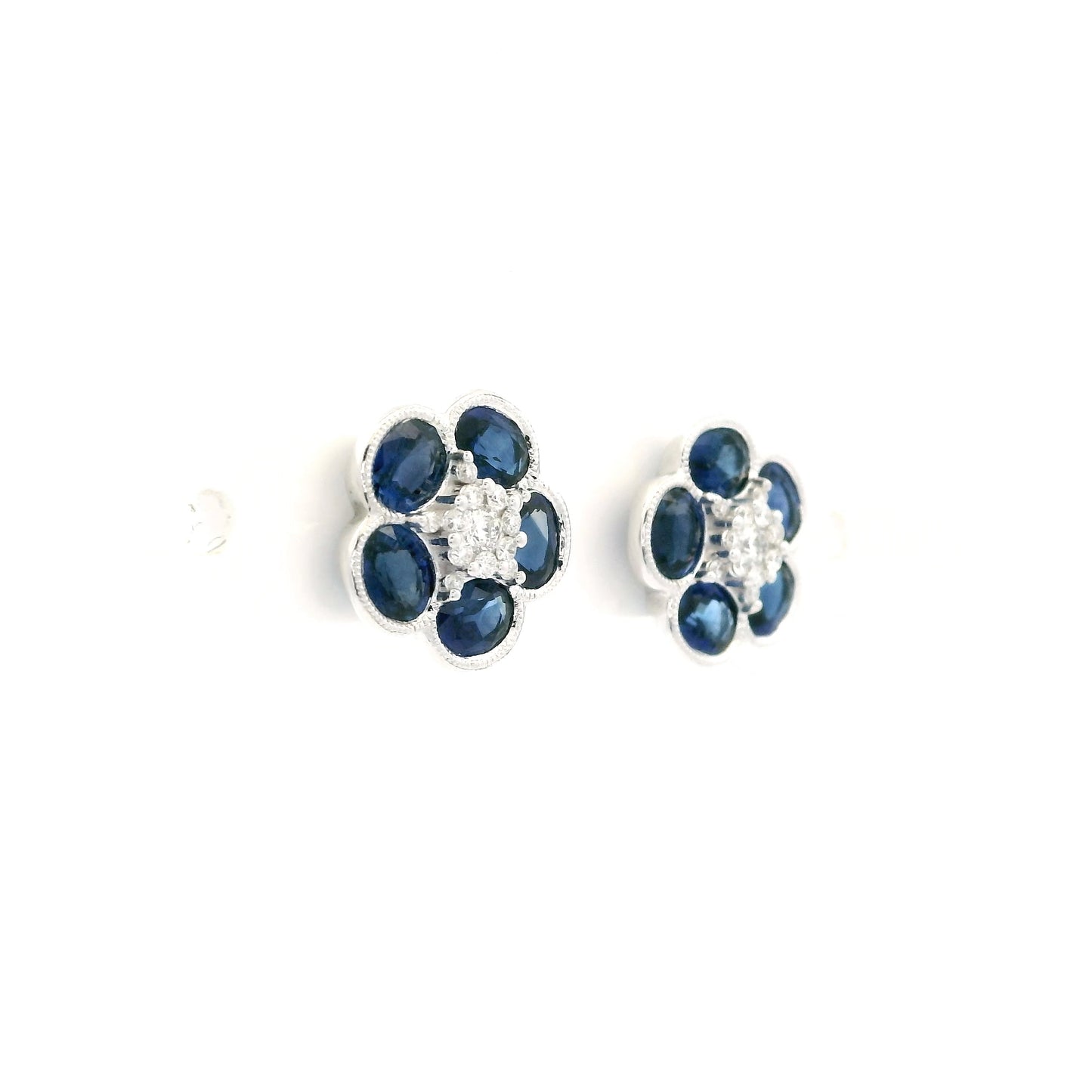 Oval Sapphire And Round Diamond Flower Cluster Stud Earrings