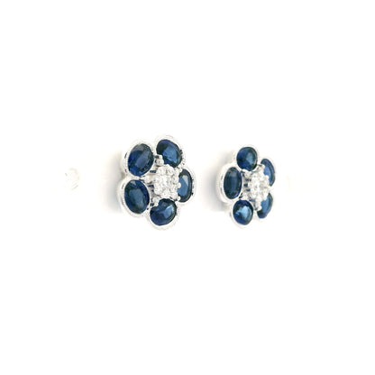 Oval Sapphire And Round Diamond Flower Cluster Stud Earrings