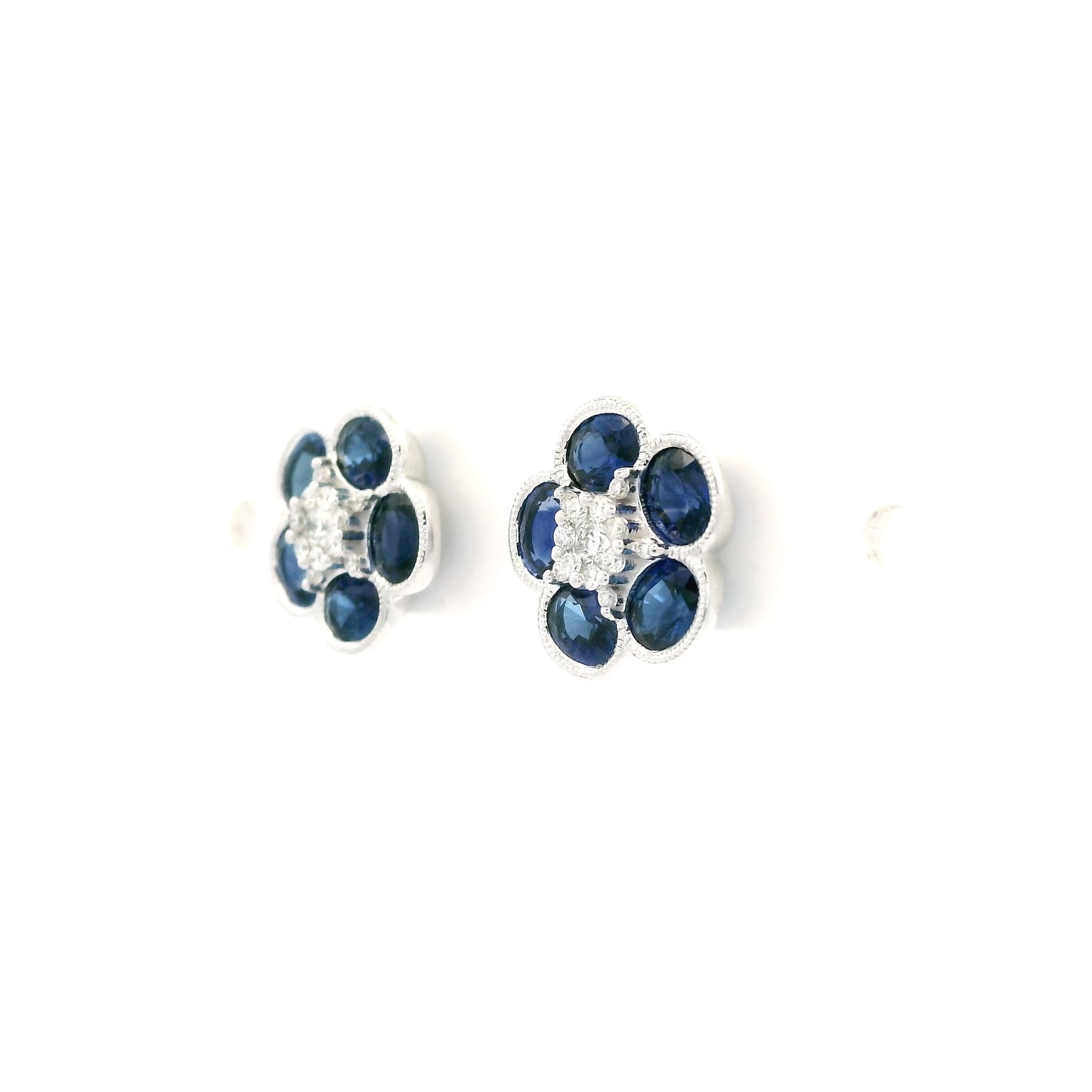 Oval Sapphire And Round Diamond Flower Cluster Stud Earrings