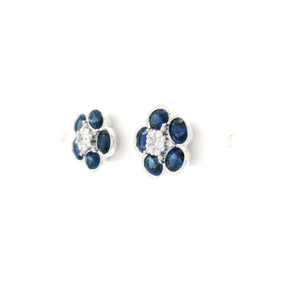 Oval Sapphire And Round Diamond Flower Cluster Stud Earrings