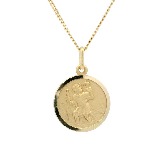 Yellow Gold Bordered Round 17mm Saint Christopher Pendant