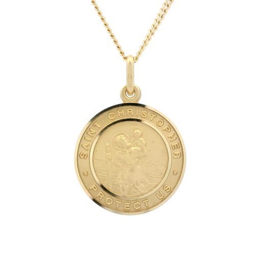 18ct Gold Bordered With Writing Round 19mm Saint Christopher Pendant
