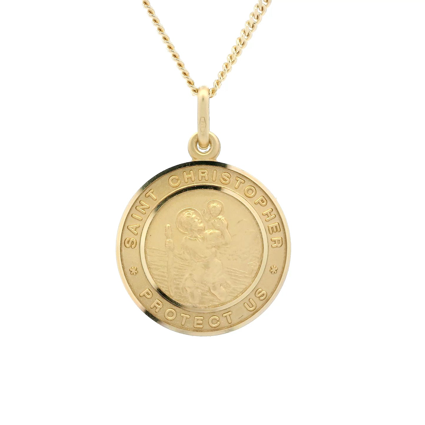 18ct Gold Bordered With Writing Round 19mm Saint Christopher Pendant
