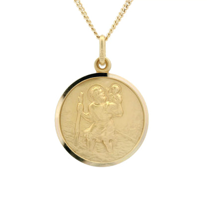 Yellow Gold Bordered Round 21mm Saint Christopher Pendant